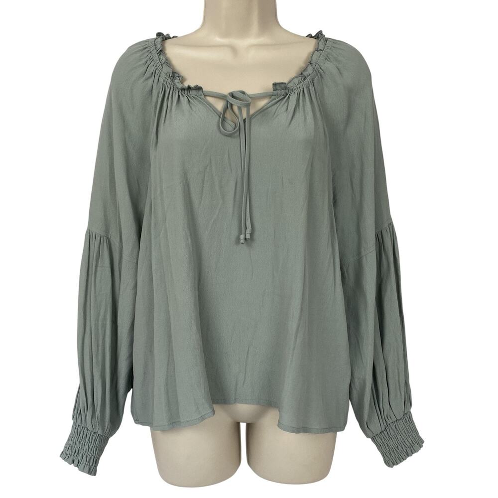 Karen Kane Blouse Womens Small Sage Green Peasant Tie Neck Boho Balloon Sleeve